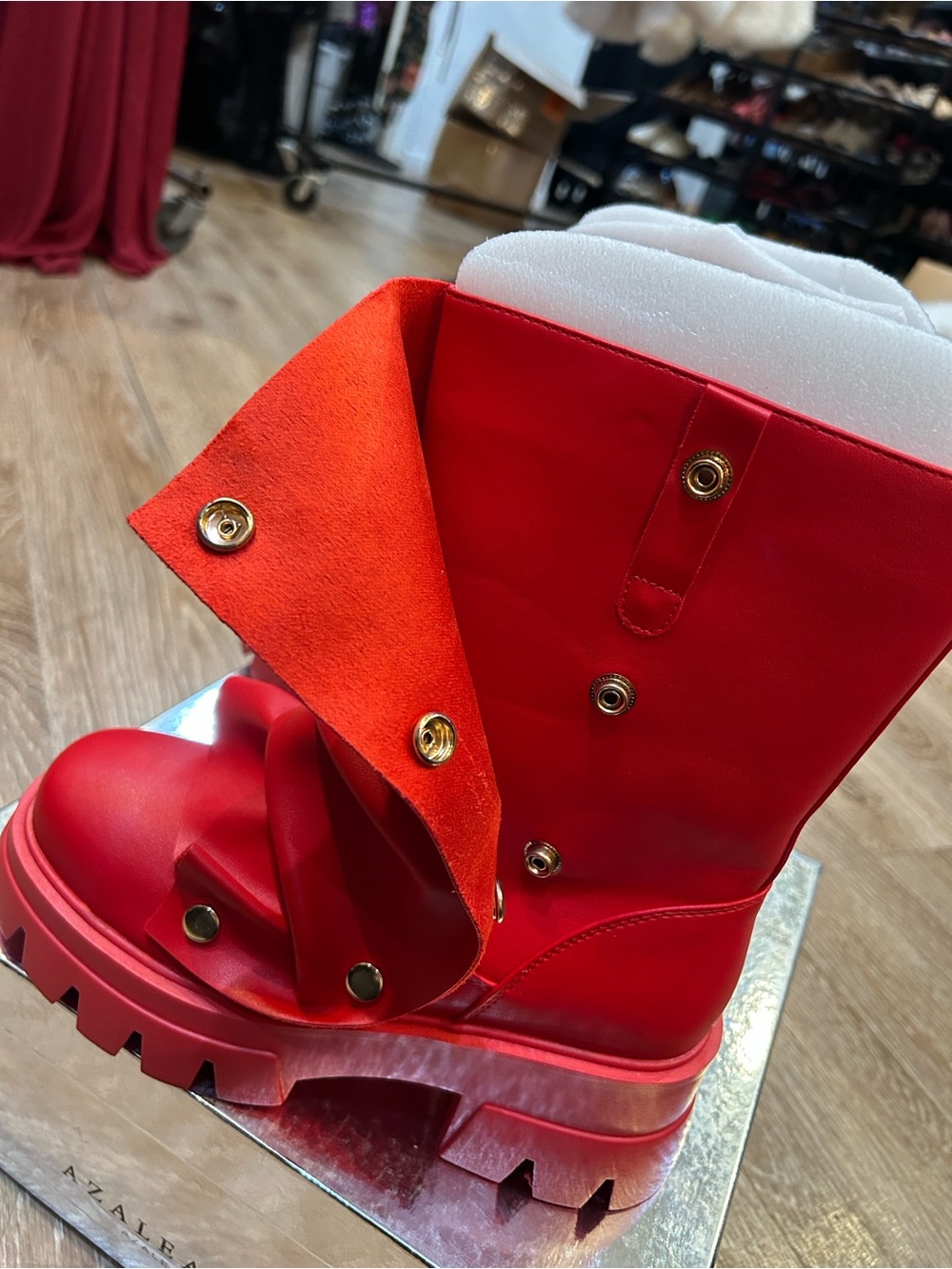 AKIRA Red Chunky Platform Lace-Up Combat Boots - Picture 3 of 6